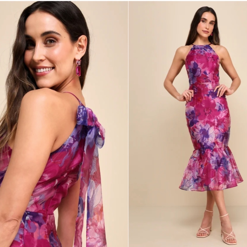 LULU's Floral Sexy Flowy Special Event Prom Wedding Chic Elegant Midi Dress - Picture 3 of 5